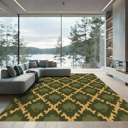 Earthy Olive Ochre Geometric Overlay Rug