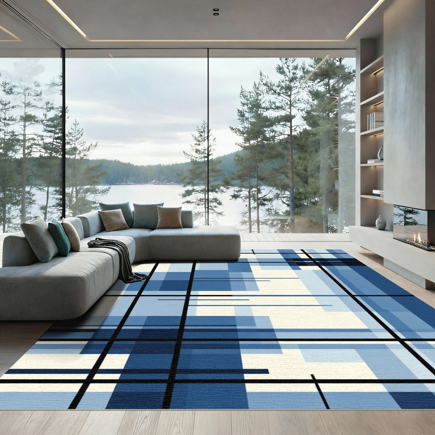 Blue Geometric Overlap Grid Rug