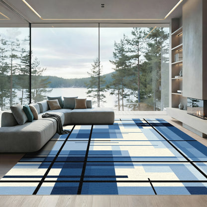 Blue Geometric Overlap Grid Rug