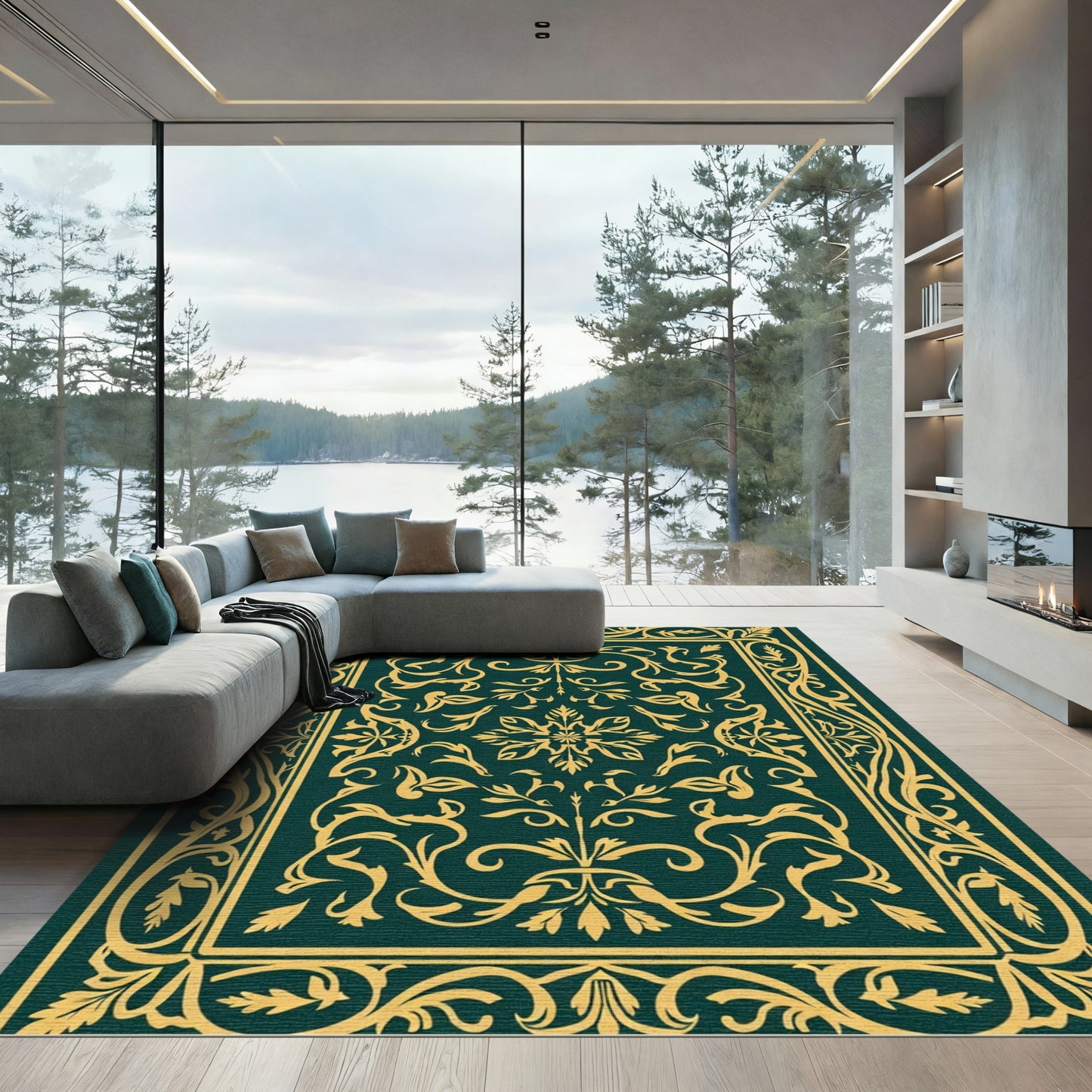 Emerald Gold Scrolling Vine Medallion Rug