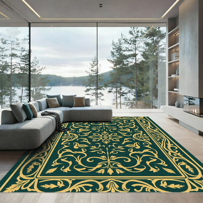 Emerald Gold Scrolling Vine Medallion Rug