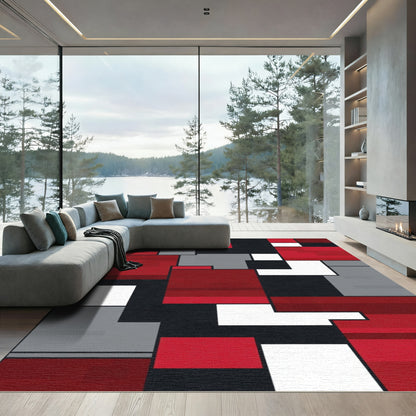 Bold Red Gray Geometric Blocks Rug