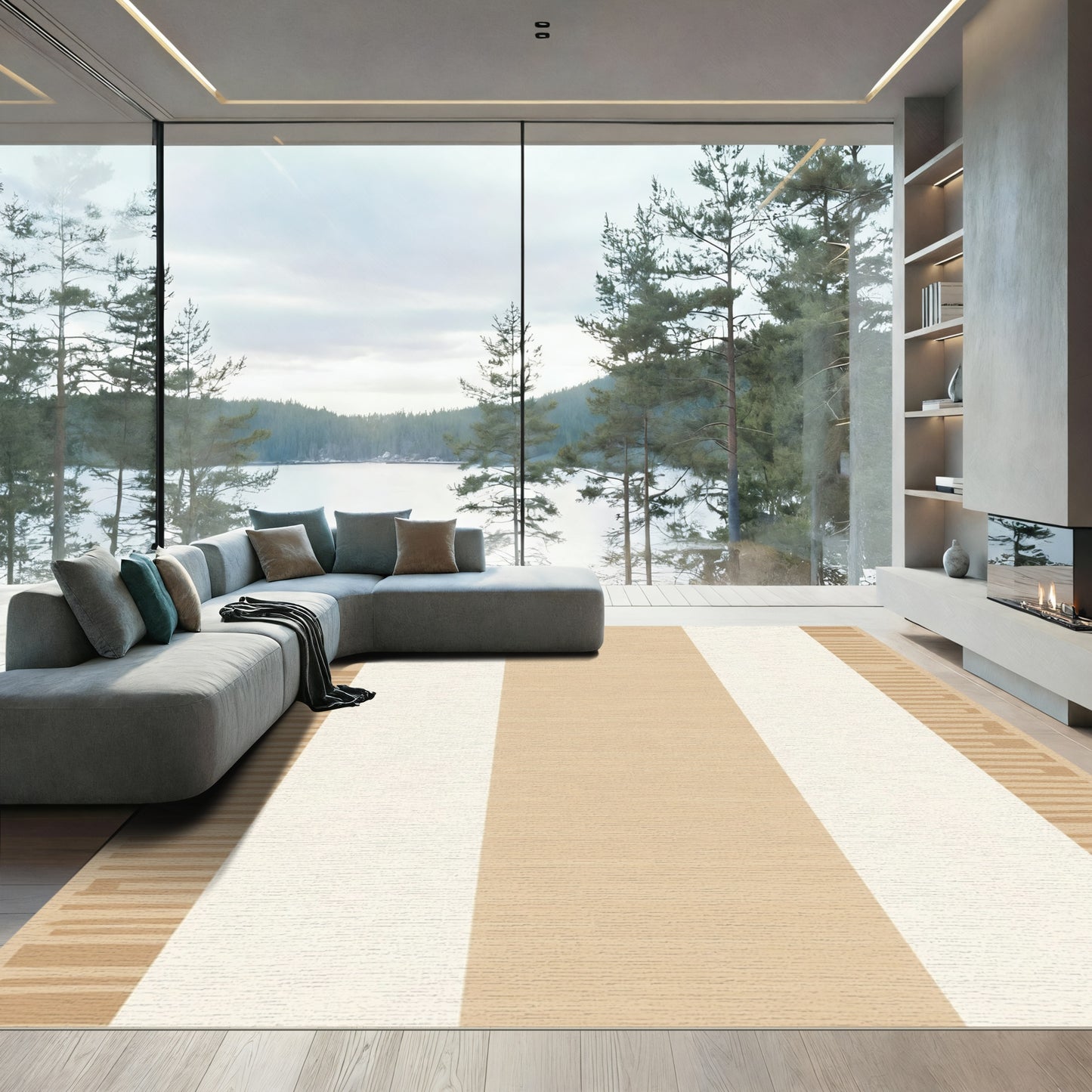 Earthy Beige Wide Stripe Border Rug