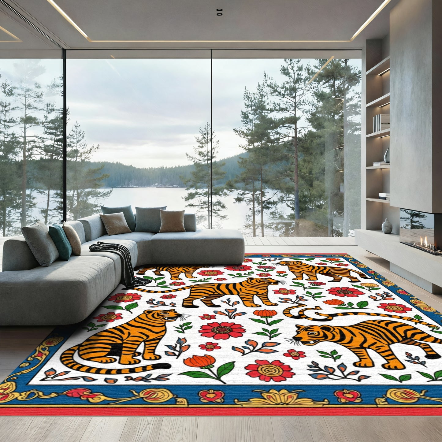 Dynamic Orange Tiger Floral Arrangement Rug