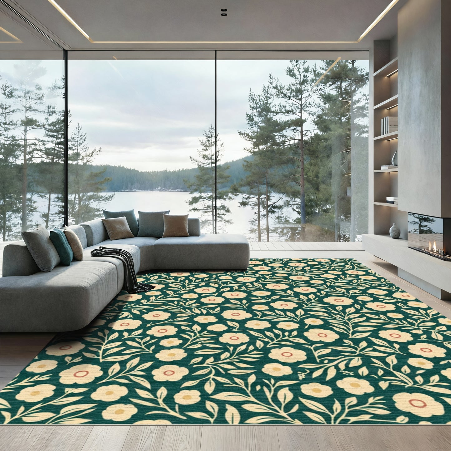 Cream Blossom Vine Dark Emerald Rug