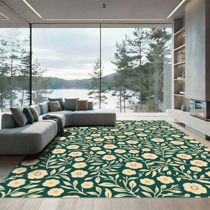 Cream Blossom Vine Dark Emerald Rug