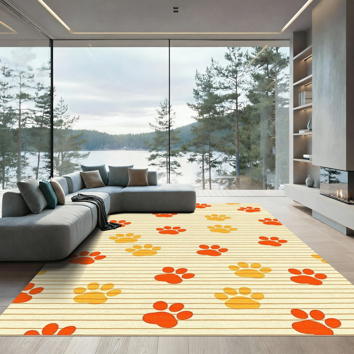 Orange Yellow Paw Prints on Stripes Rug