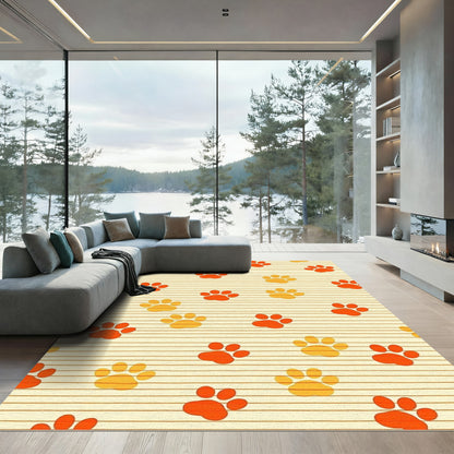 Orange Yellow Paw Prints on Stripes Rug