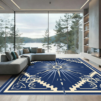 Navy Blue Starburst Floral Frame Rug