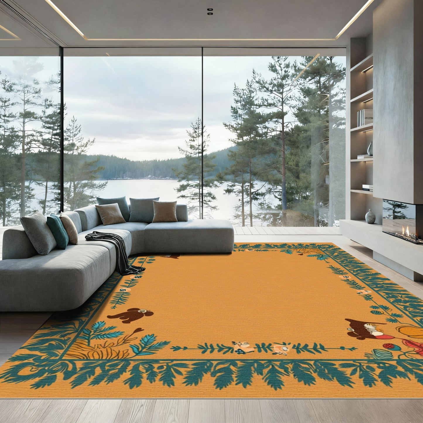 Terracotta Green Whimsical Creature Border Rug