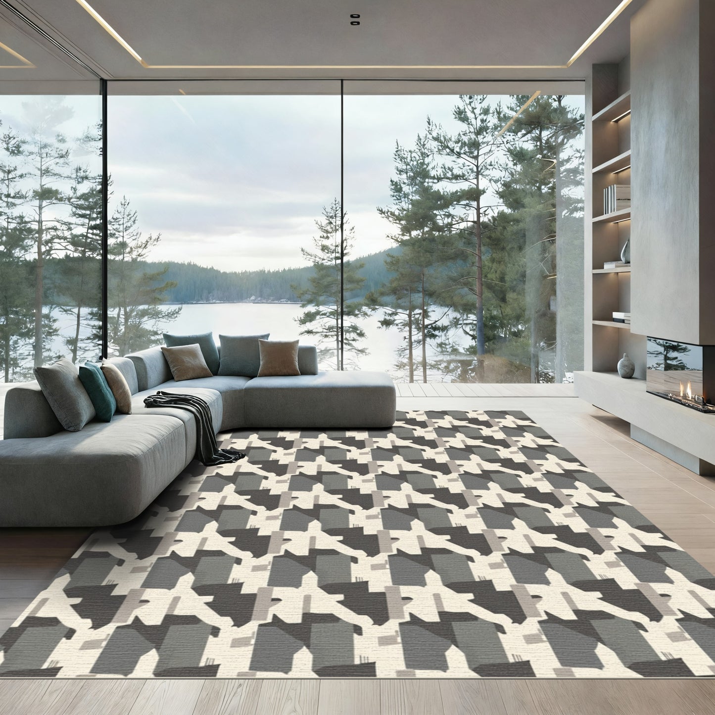 Monochromatic Geometric Houndstooth Overlay Rug