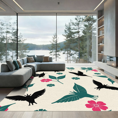Black Hummingbird Pink Floral Leaves Rug