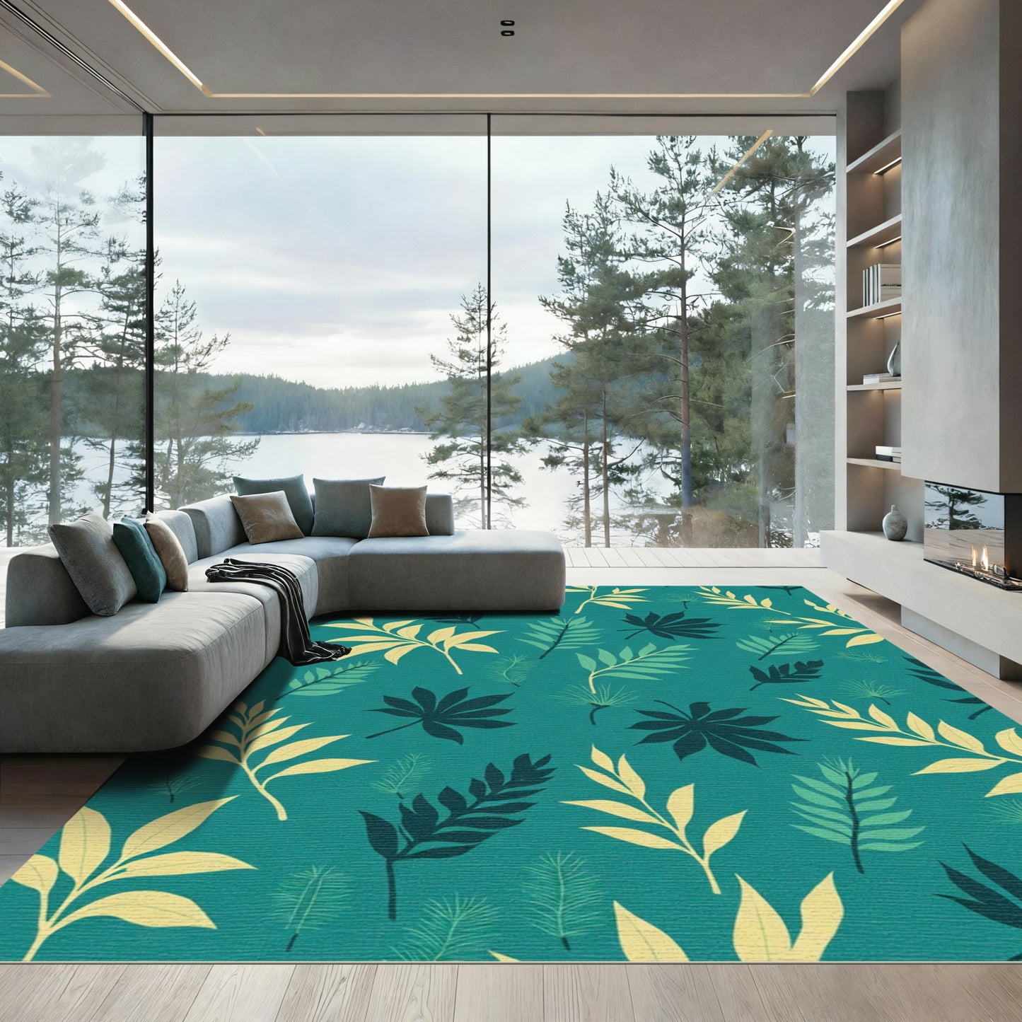 Teal Tropical Leafy Canopy Sprays Rug