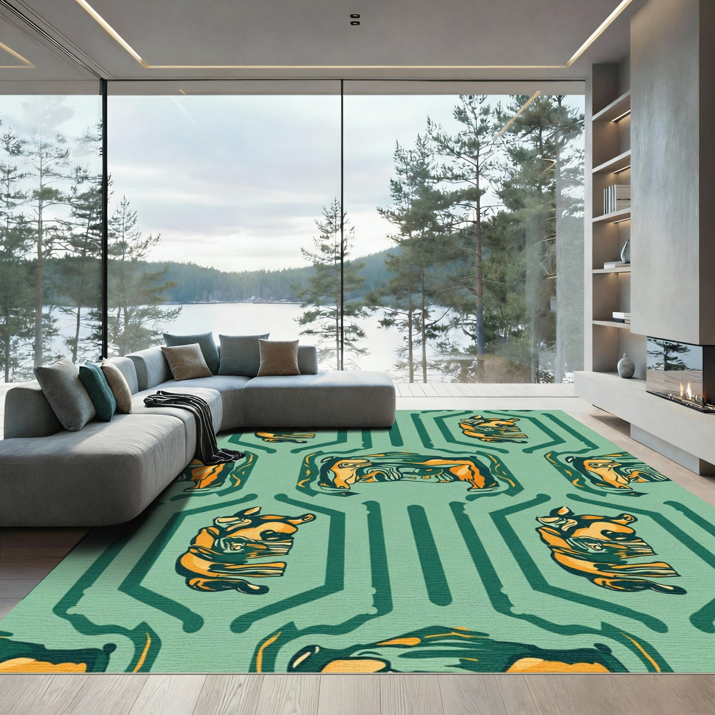 Geometric Orange Animal Art Rug