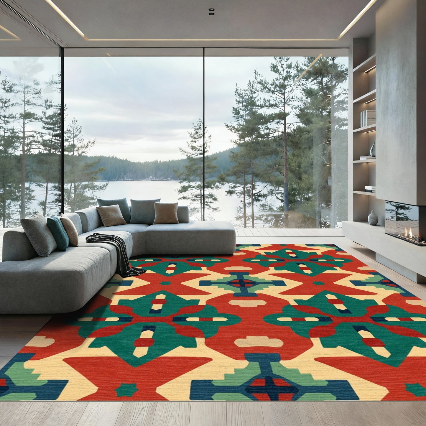 Crimson Teal Geometric Tribal Folk Rug
