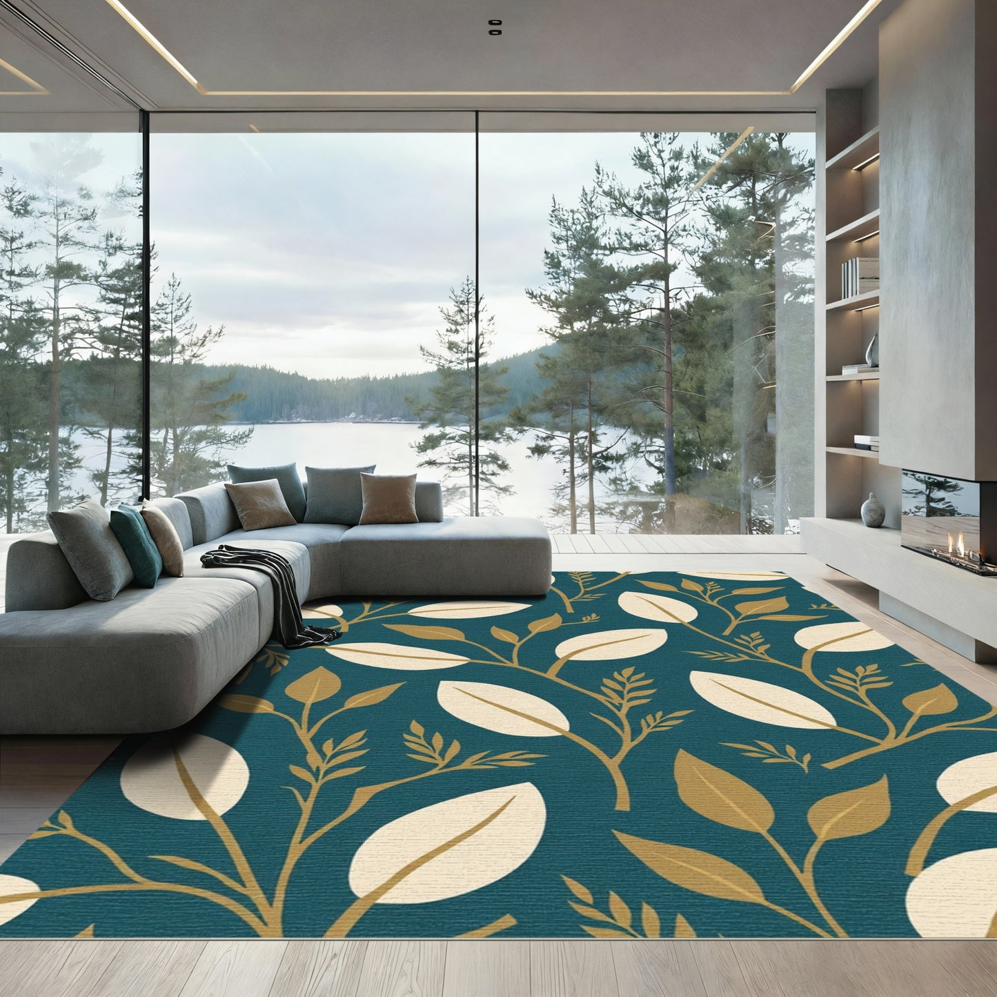 Golden Twigged Leaf Pattern Rug