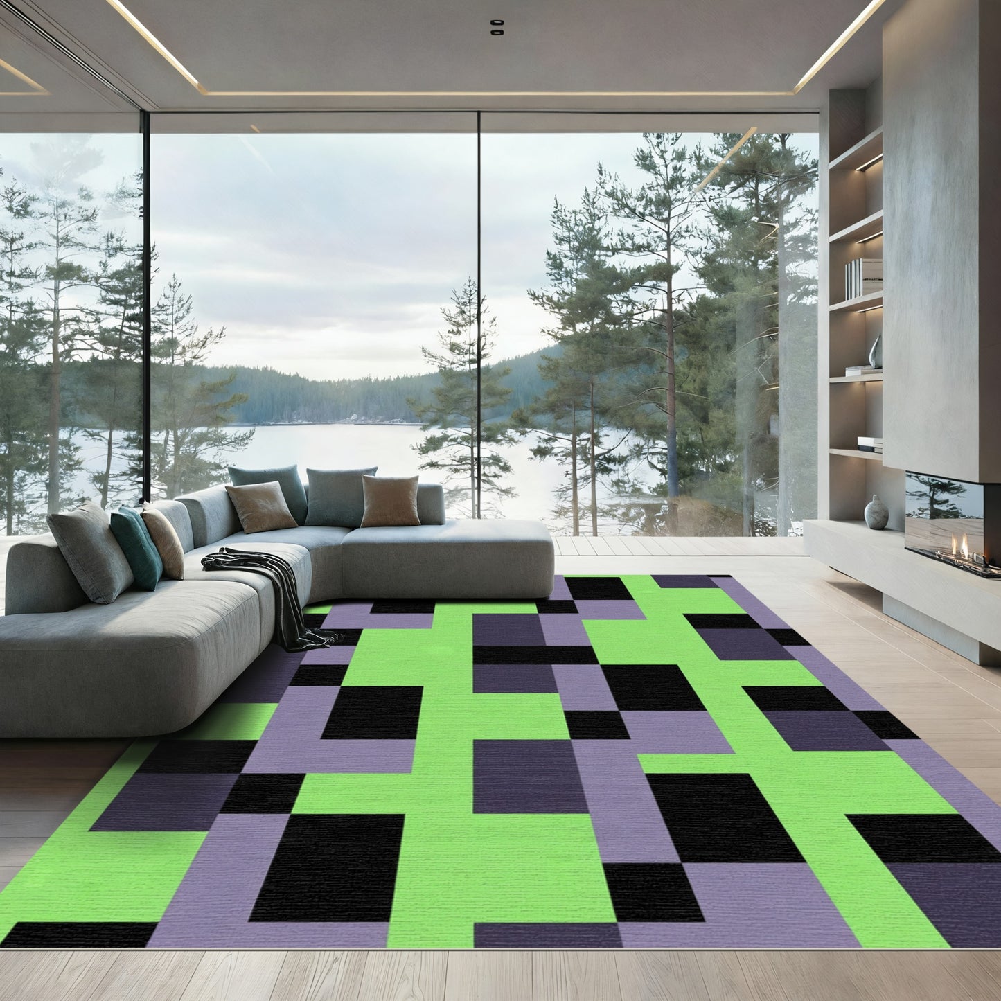 Lime Green Abstract Block Composition Rug