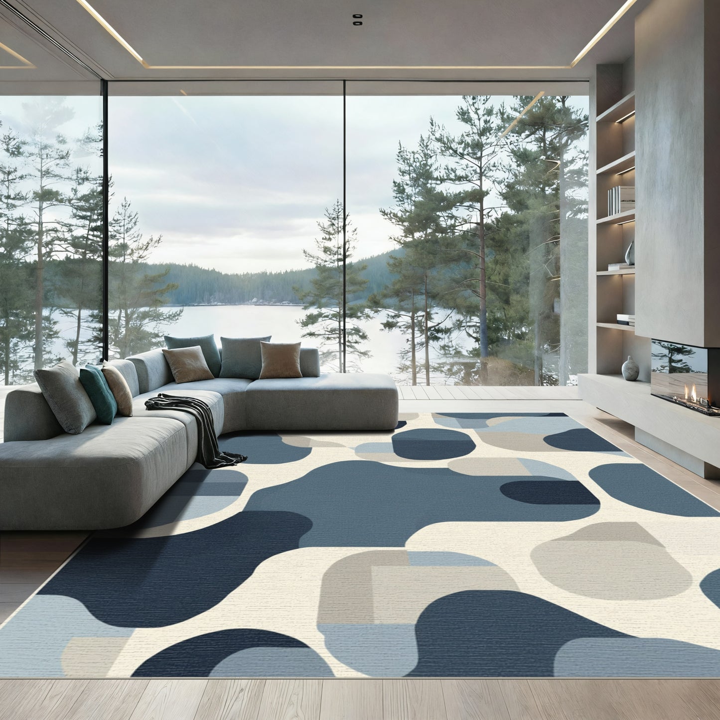 Abstract Navy Blend Organic Shapes Rug
