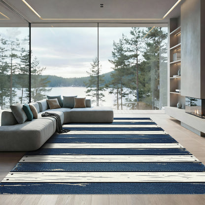 Distressed Blue and White Stripe Rug