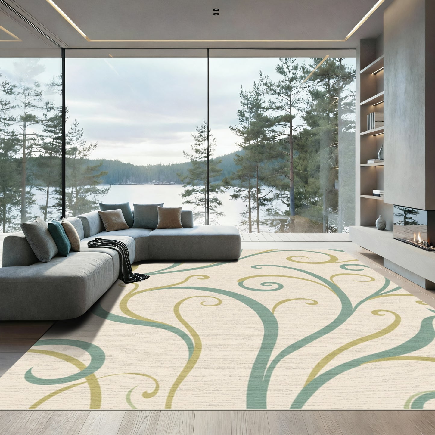 Creamy Teal Leaf Swirls Rug