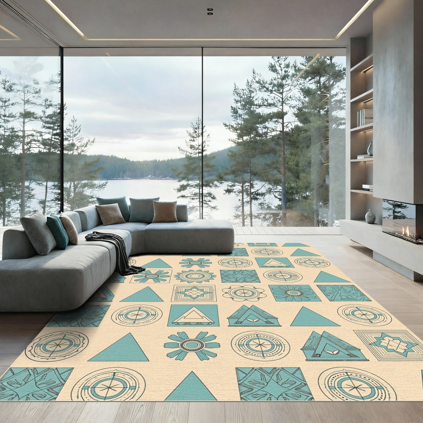 Teal Geometric Abstract Sun Flower Trio Rug