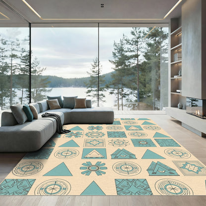 Teal Geometric Abstract Sun Flower Trio Rug