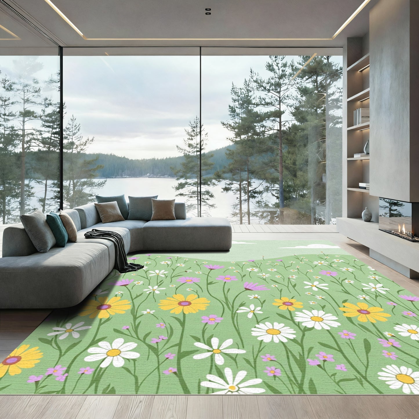 Whimsical Meadow Daisy Floral Field Rug