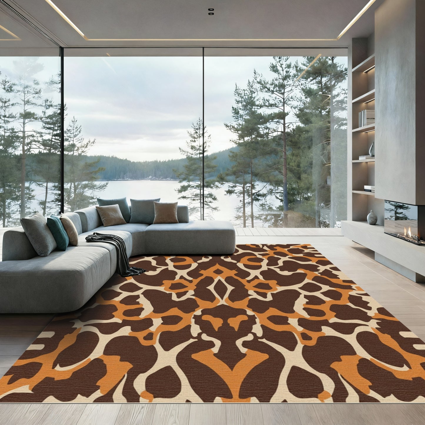 Symmetrical Brown and Orange Animal Print Rug