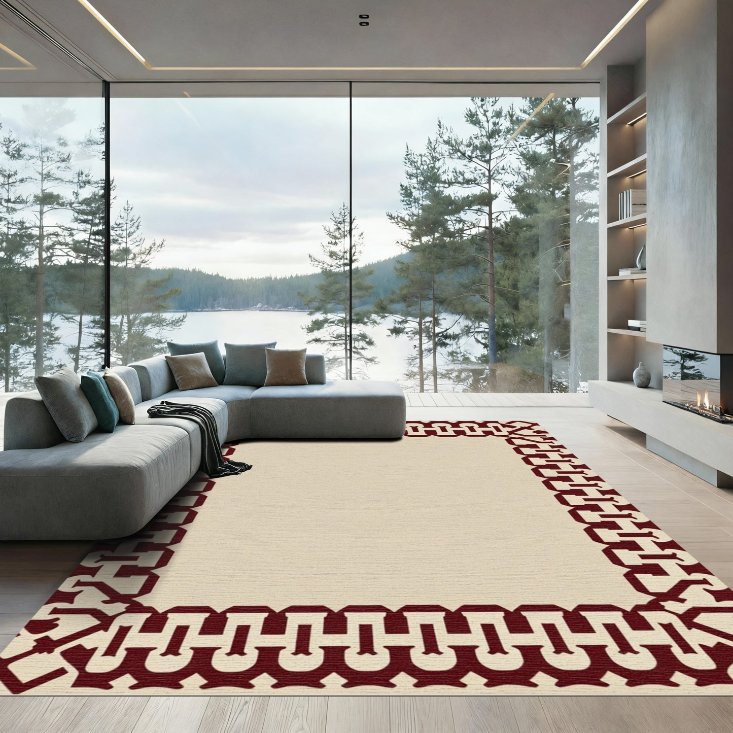 Deep Red Interlocking Chain Border Rug