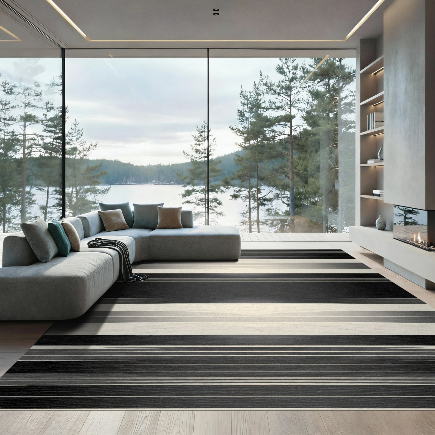 Gradient Black and Cream Striped Rug