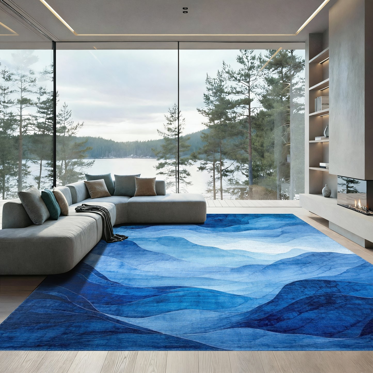 Layered Blue Watercolor Waves Rug