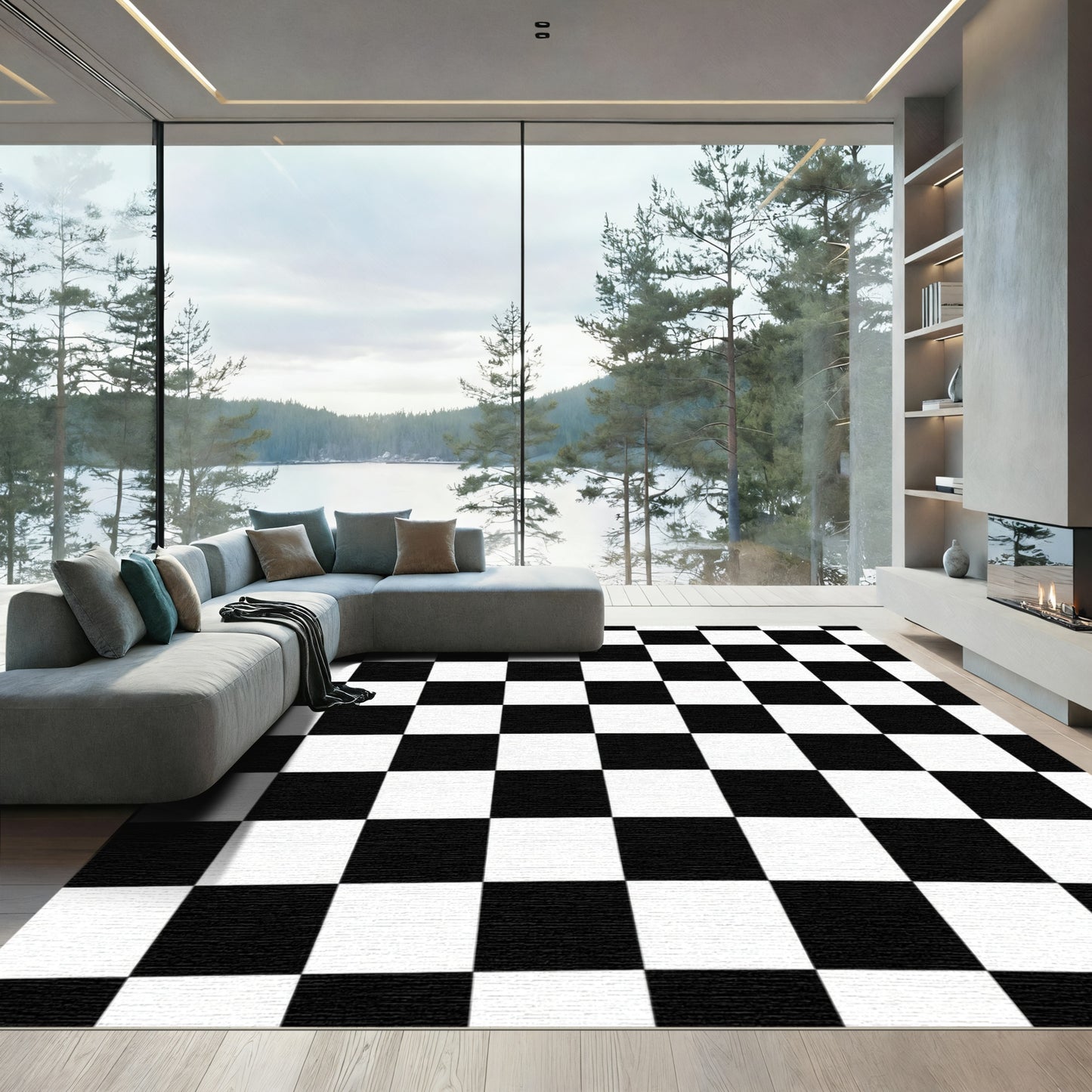 Classic Black White Checkerboard Squares Rug