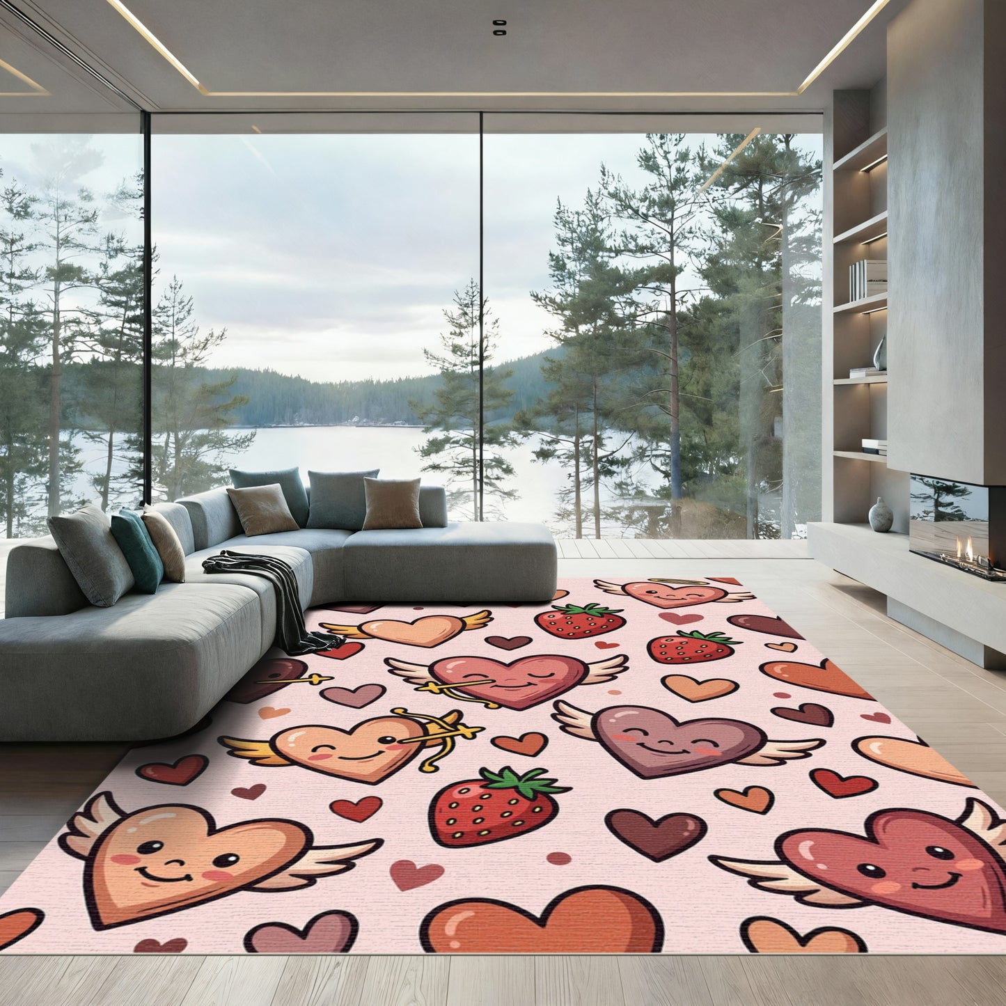 Cute Heart Strawberry Winged Medley Rug