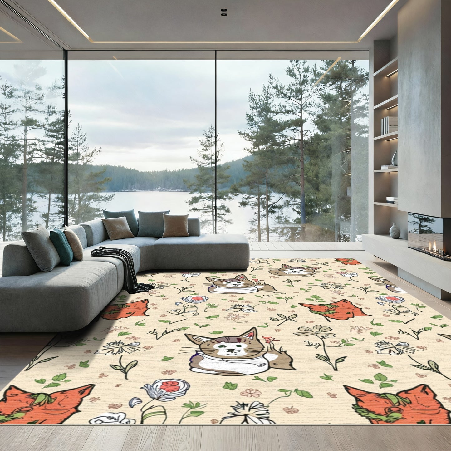 Whimsical Cat and Flower Collage Rug