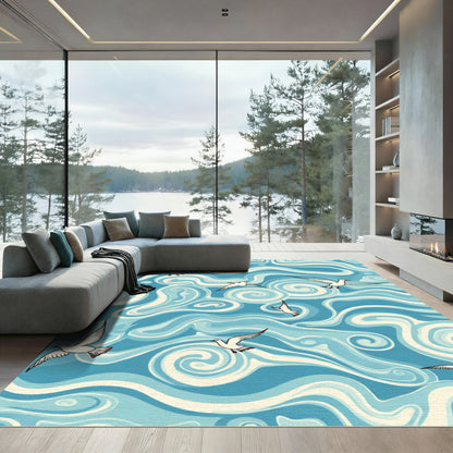 Coastal Seagulls Blue Swirl Rug