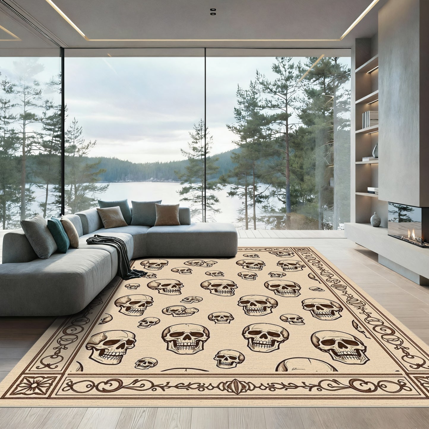 Brown Skull Collage Pattern Rug