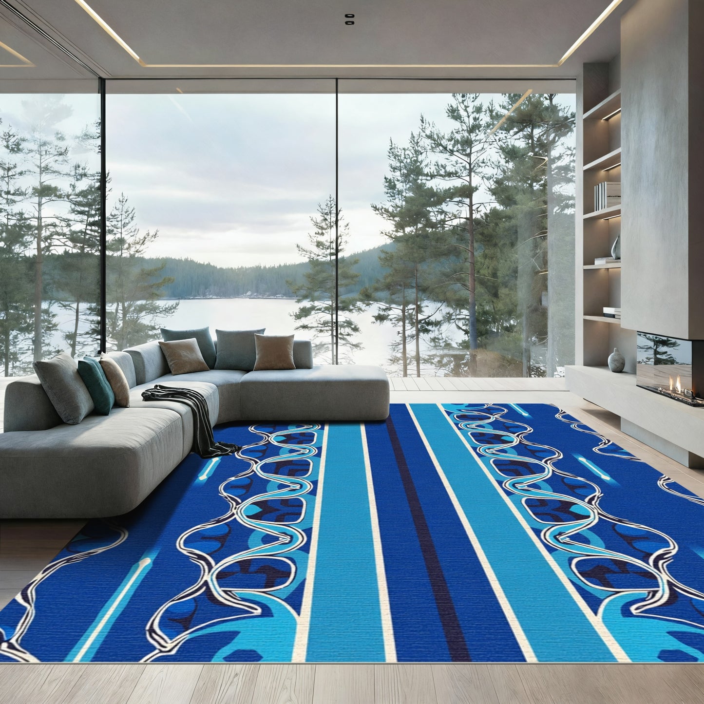 Bold Blue Abstract Wavy Stripes Rug