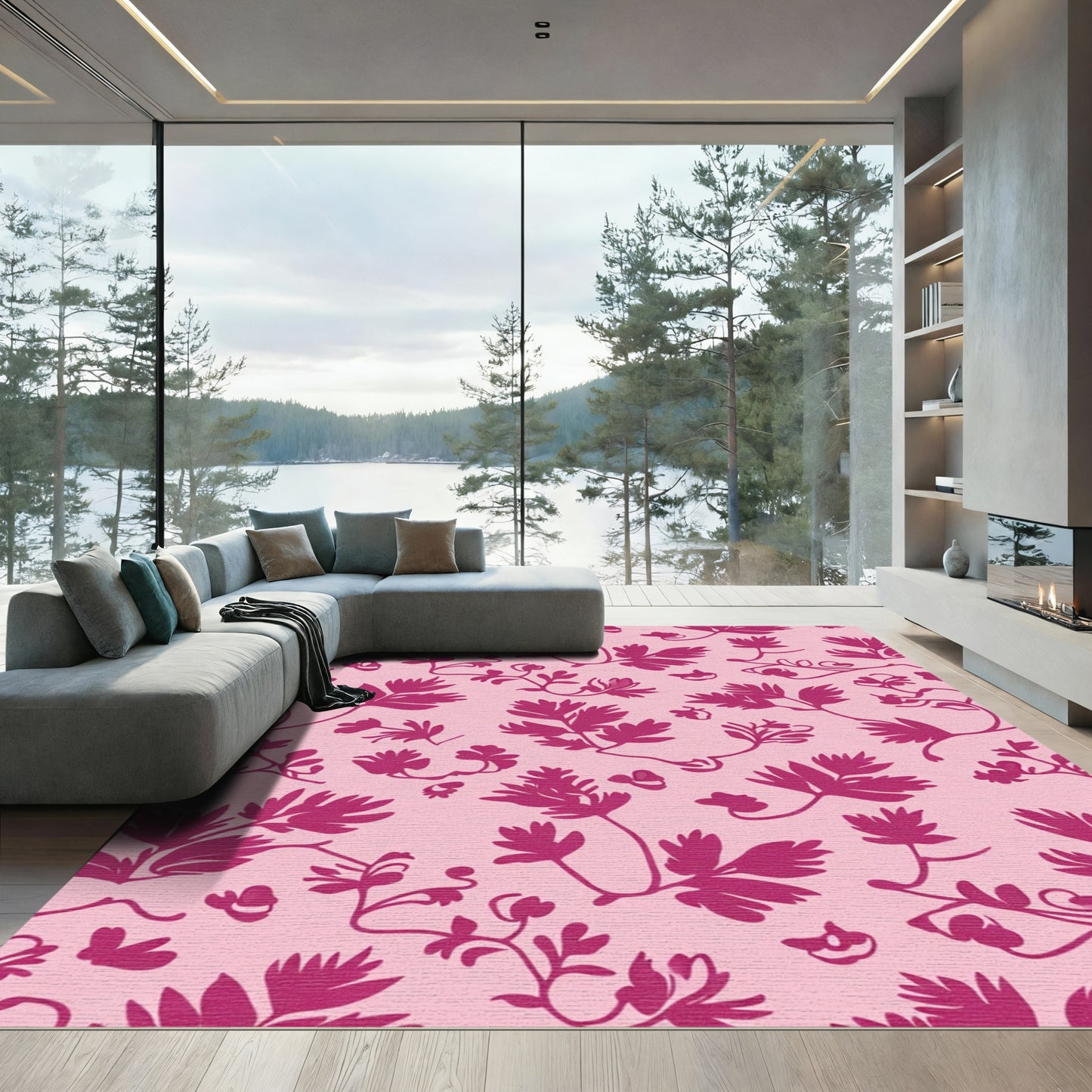 Pink Botanical Vine Silhouette Rug