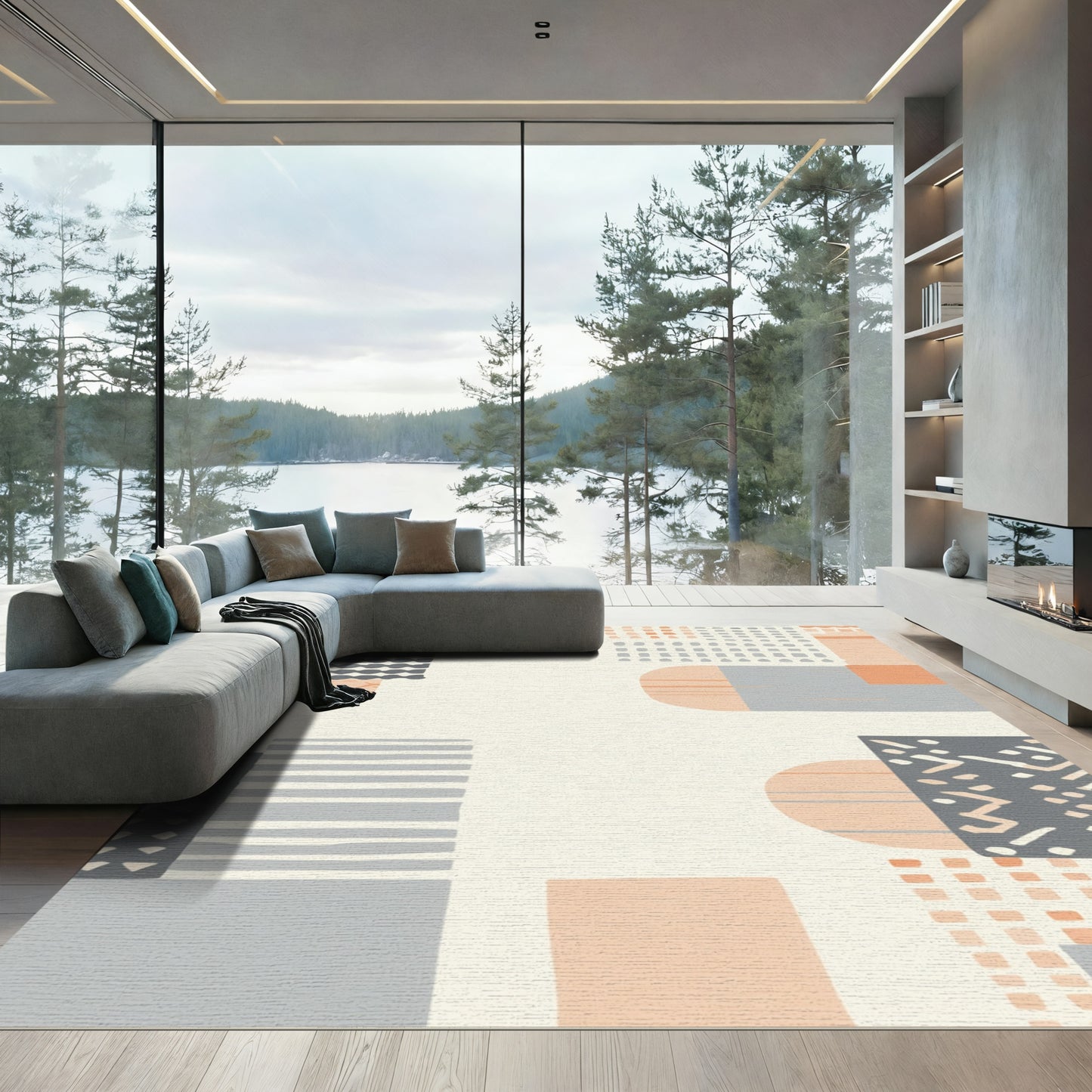 Abstract Peach Grey Geometric Shapes Rug
