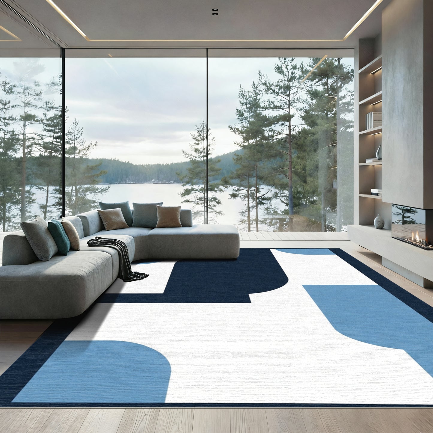 Deep Blue Abstract Curve Modern Rug