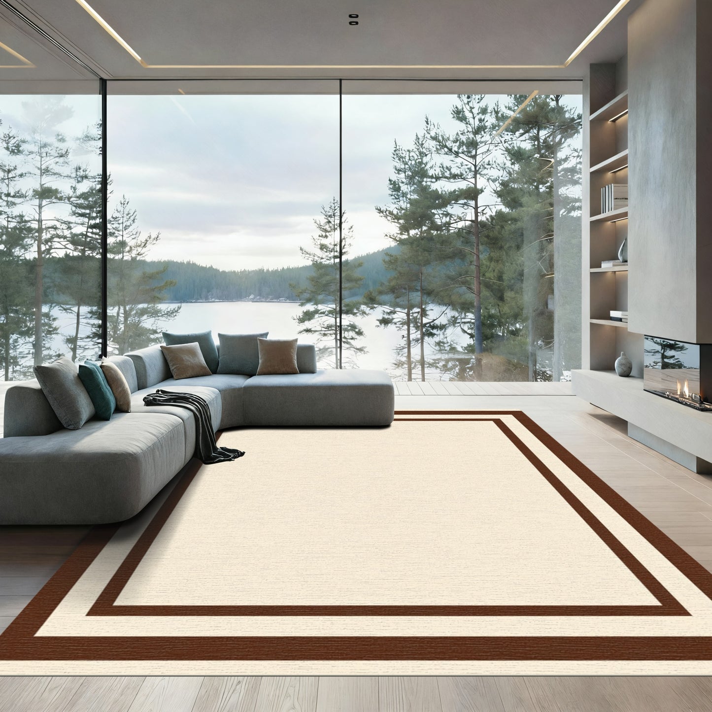 Deep Brown Cream Bordered Square Rug