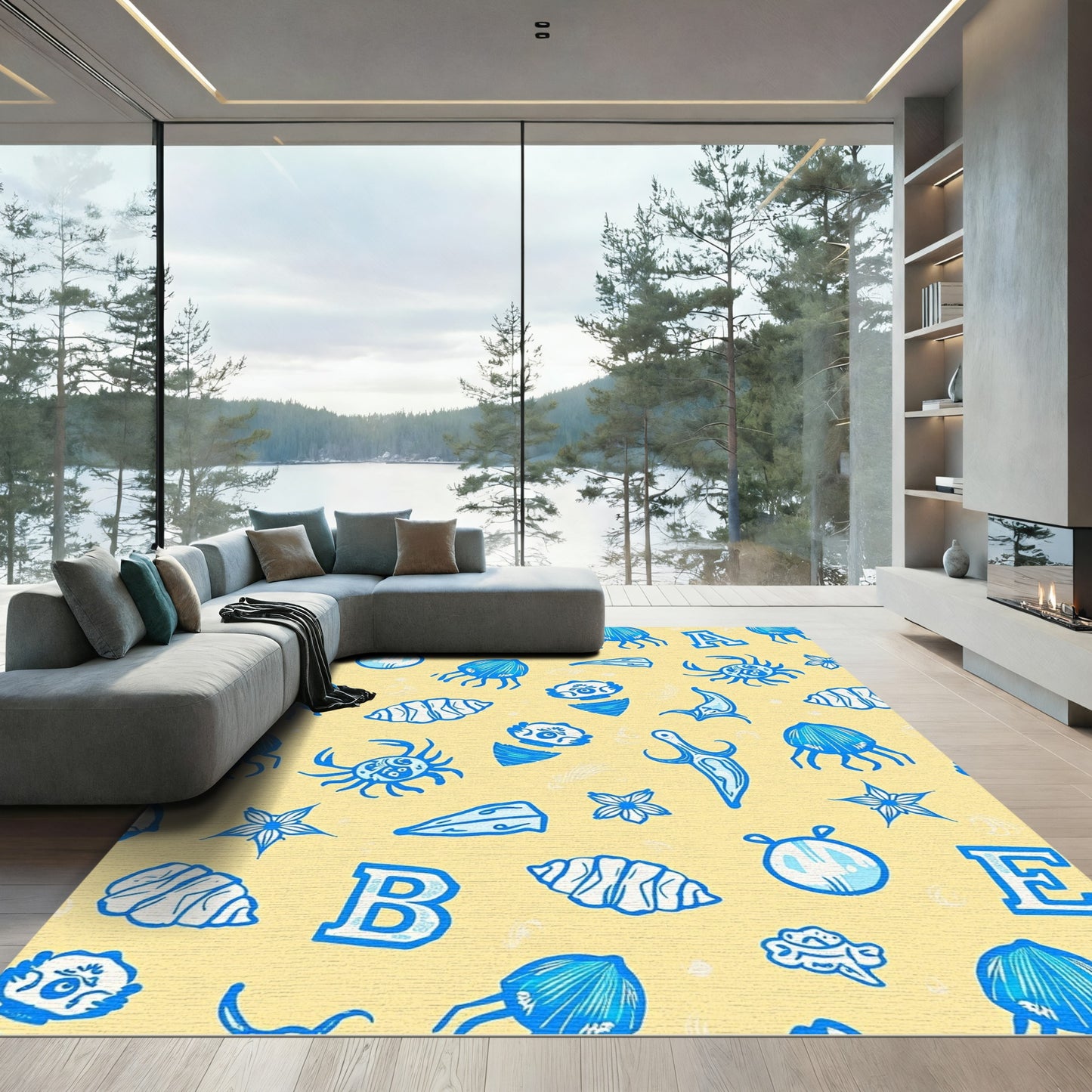 Blue Ocean Creatures Alphabet Pattern Rug