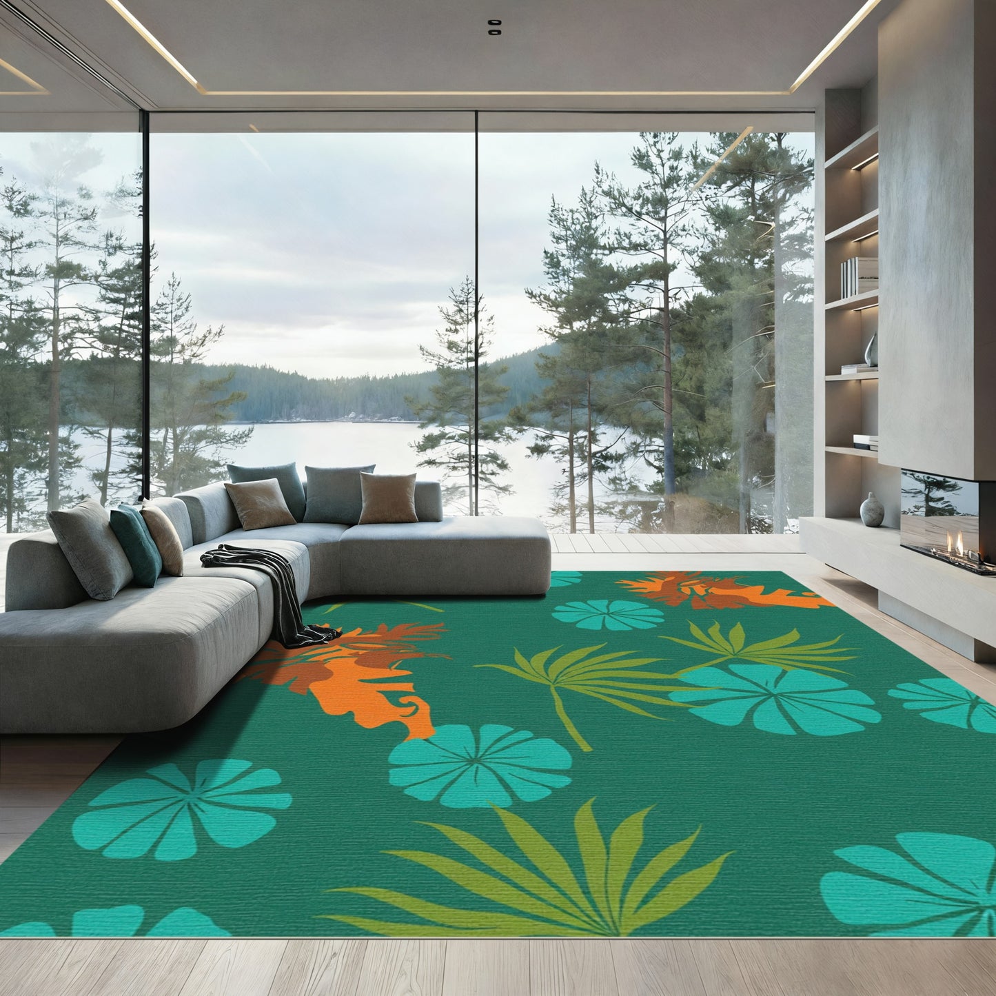 Teal Orange Green Tropical Foliage Collage Rug