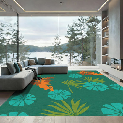 Teal Orange Green Tropical Foliage Collage Rug