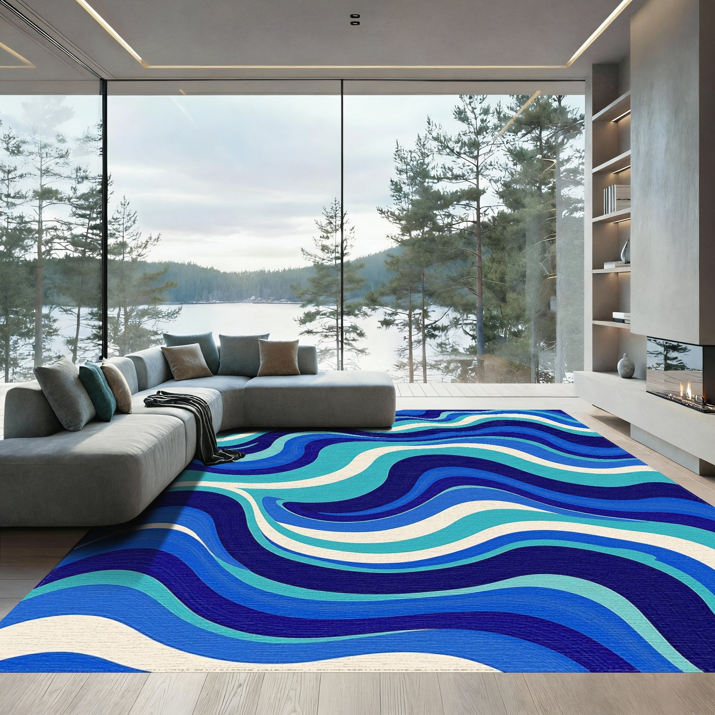 Navy Teal Wavy Abstract Rug