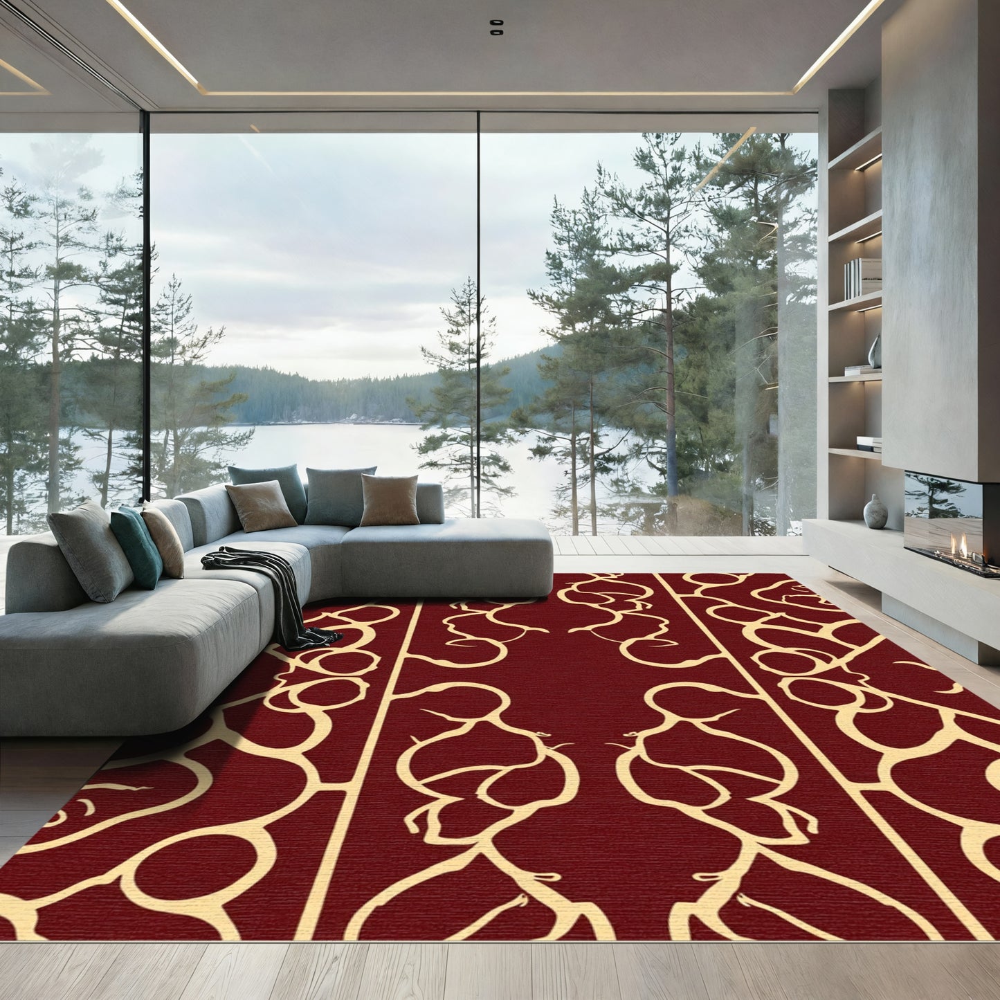 Rich Crimson Organic Vine Abstraction Rug