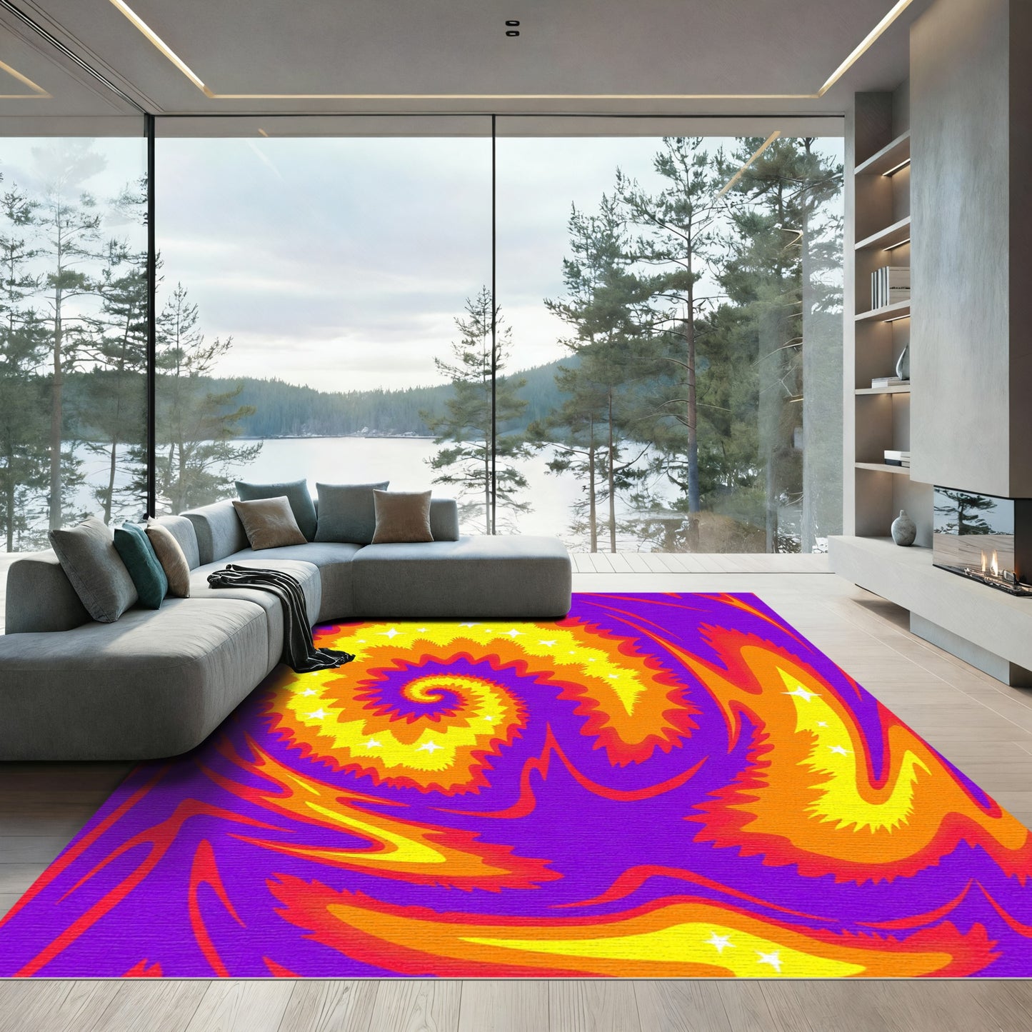 Vibrant Purple Yellow Orange Spiral Stars Rug