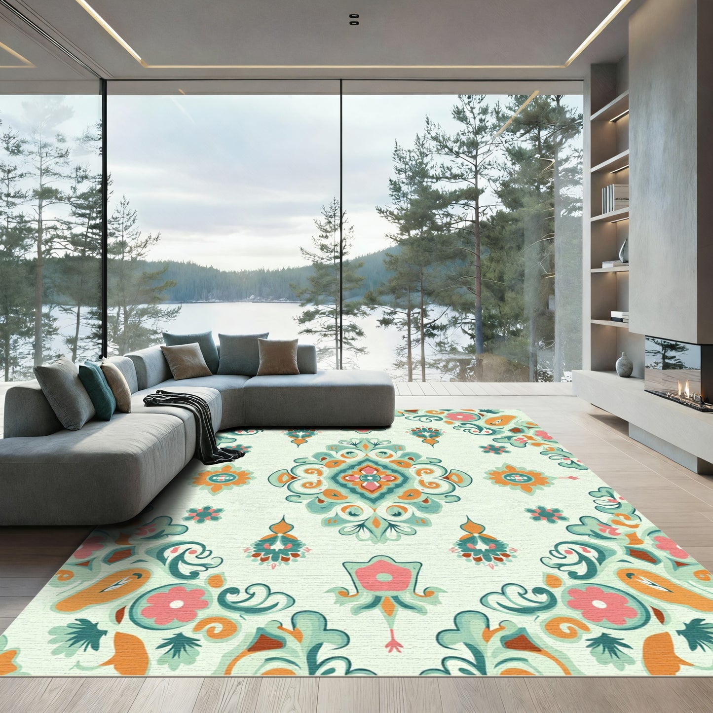 Soft Teal Pink Orange Floral Damask Rug
