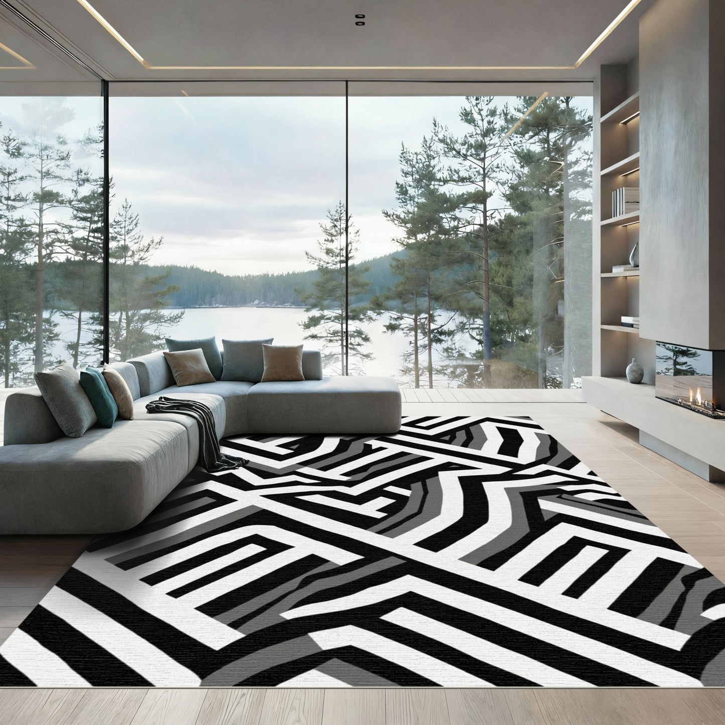 Monochromatic Abstract Geometric Labyrinth Rug