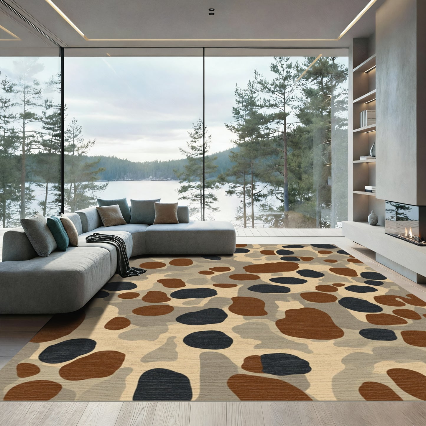 Earthy Brown Black Camouflage Spots Rug